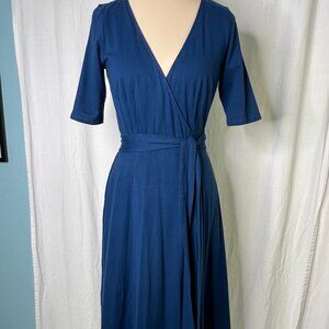 eShakti Blue Midi Wrap Dress V-Neck 3/4 Sleeves Side Seam Pockets Size S